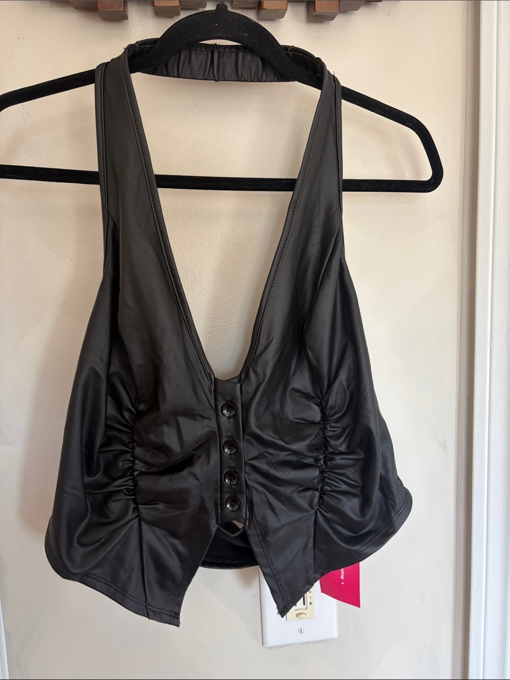 SHEIN Black Faux Leather Button-Front Ruched Halter Crop Top